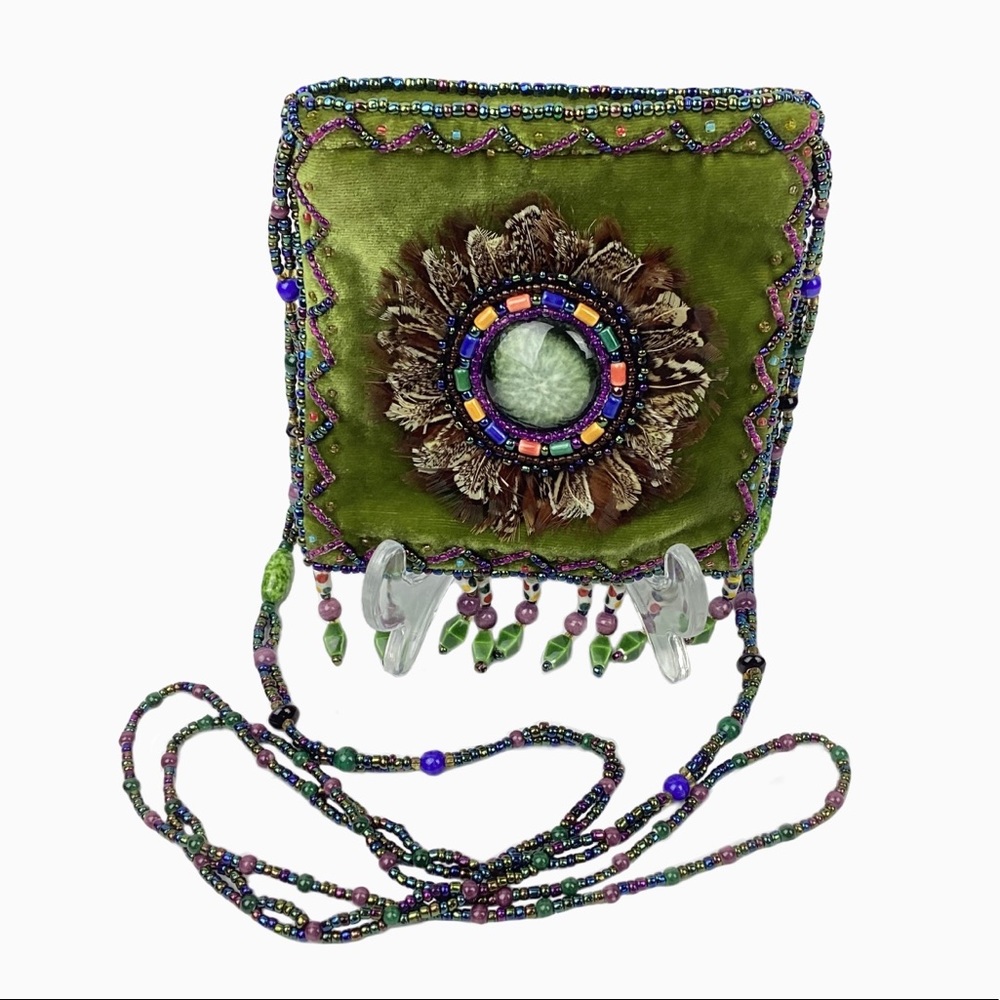 Velveteen Boho Mini Purse in Green has Feathers, Beaded Fringe and Strap.